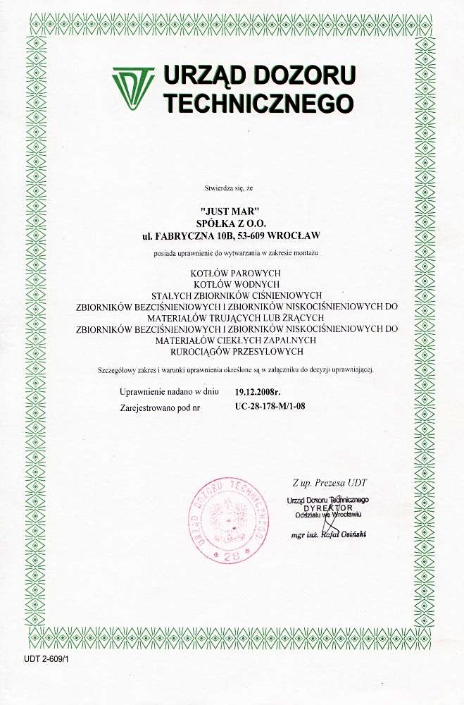 Technical Supervision Authority license for installation of boilers, containers and other units